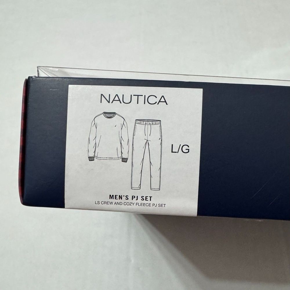 Nautica Sz L Men's PJ Set White Blue Multi Crew Neck Cozy Pants - Picture 5 of 12